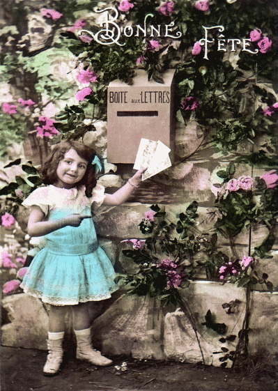carte postale ancienne fete des pères avec petite fille et boite aux lettres
